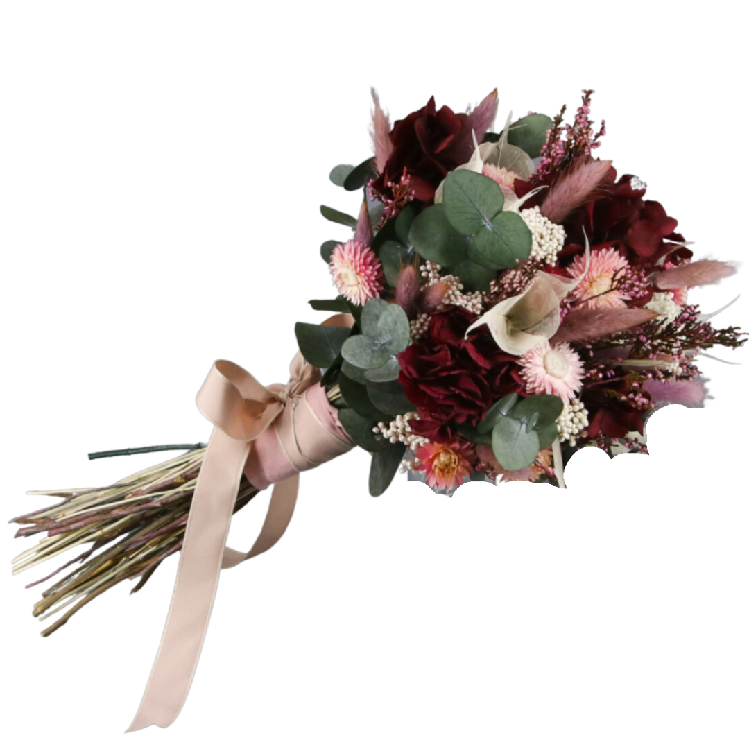 Ramo de novia preservado hortensias rojizas